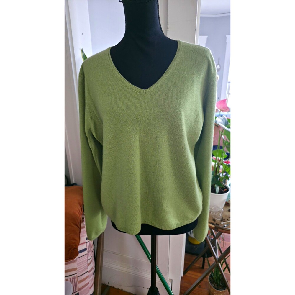 Evelyn Grace Cashmere Women’s Green Cashmere Knit V-Neck Pullover Sweater XL